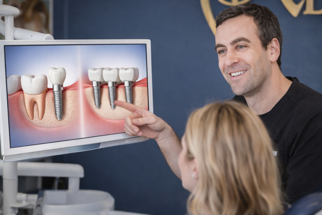 Dr. Birk explaining single tooth implants in a dental consultation with a patient in Creve Coeur MO