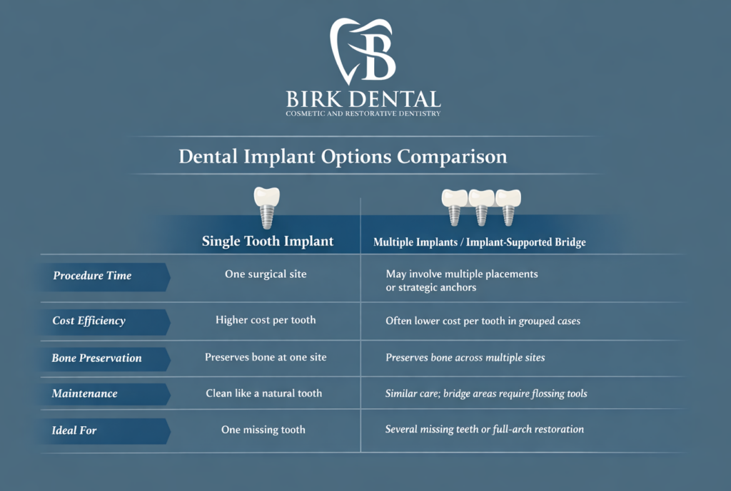 Infographic showing comparison between single tooth implants versus multiple implants in creve coeur mo